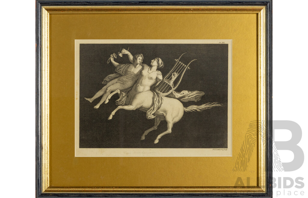 Bacchant Subduing a Centaur & Female Centaur and Menade [From the Antiquities of Herculaneum], Pair of Antique Engravings on Paper, 34 x 40 cm (frames) (2)