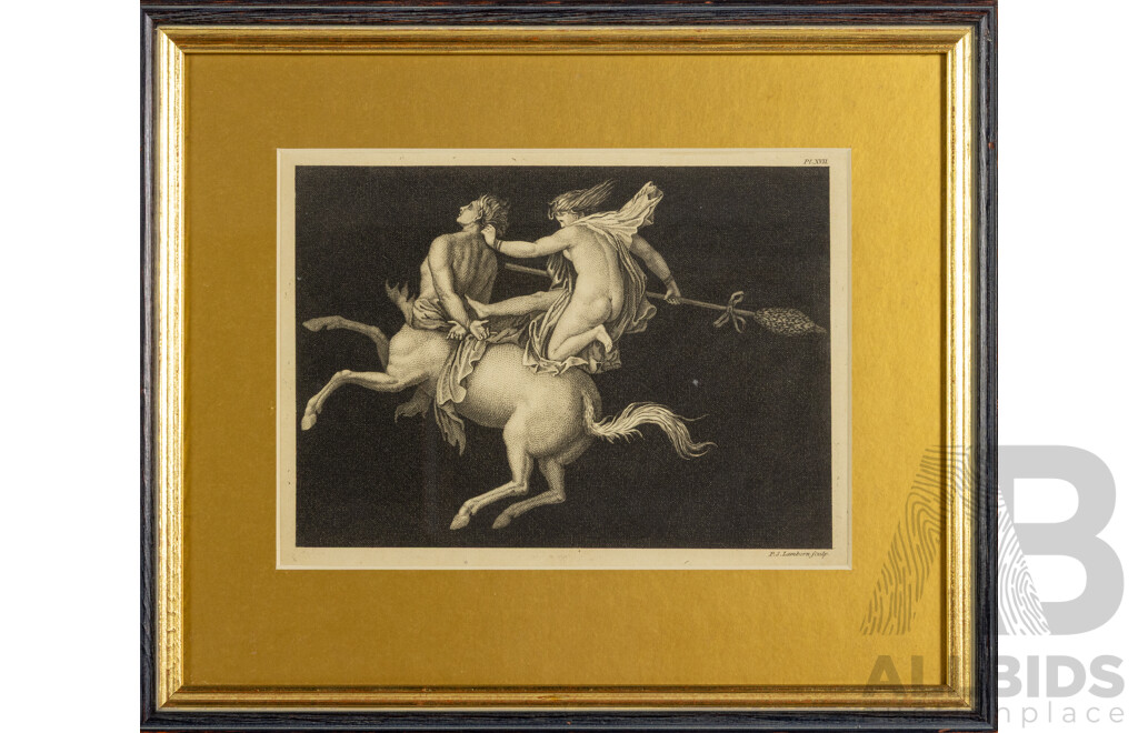Bacchant Subduing a Centaur & Female Centaur and Menade [From the Antiquities of Herculaneum], Pair of Antique Engravings on Paper, 34 x 40 cm (frames) (2)