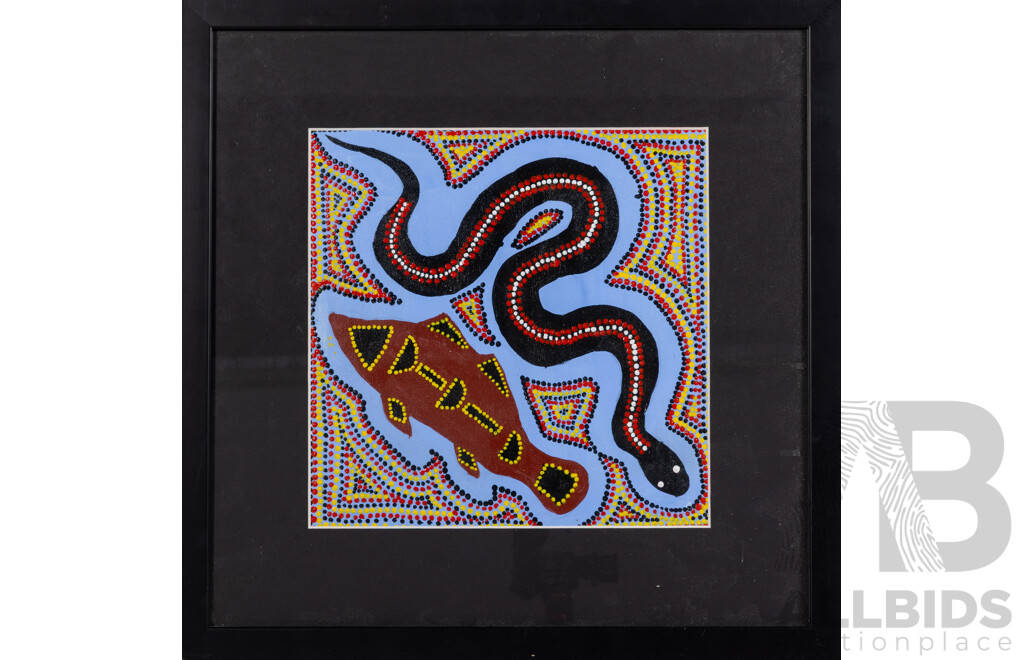 Cassie Rangi, (20th Century, Indigneous-Australian), Fish & Water Creatures, Pair of Original Acrylics on Canvas Framed Under Glass, 40 x 40 cm (frames) (2)