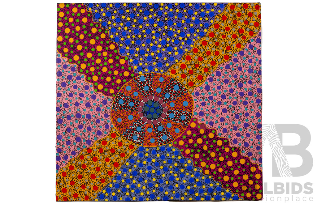 Claire E. Hayes (Peltharre), (20th Century, Indigenous-Australian, 1965), Dreaming Tracks, Wonderful Original Acrylic on Canvas, 71 x 74 cm