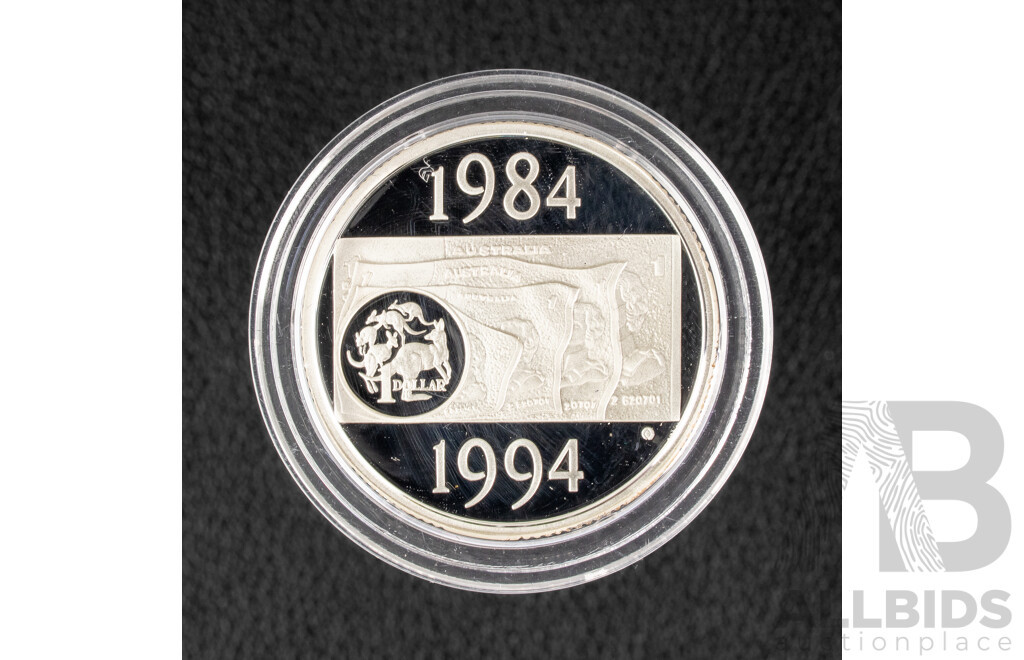 Australian RAM 1994 Silver Proof One Dollar Coin, Tenth Anniversary of the Replacement of the One Dollar Note .925