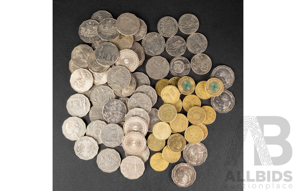 Collection of Australian Commemorative Coins Including One Dollars, 2014 ANZAC, 2011 CHOGM, 2002 Year of the Outback, 2021 Donation Dollar, Fifty Cents, 2004 Student Design, 2001 Federation, 1977 Jubilee, 2005 Remembrance...............