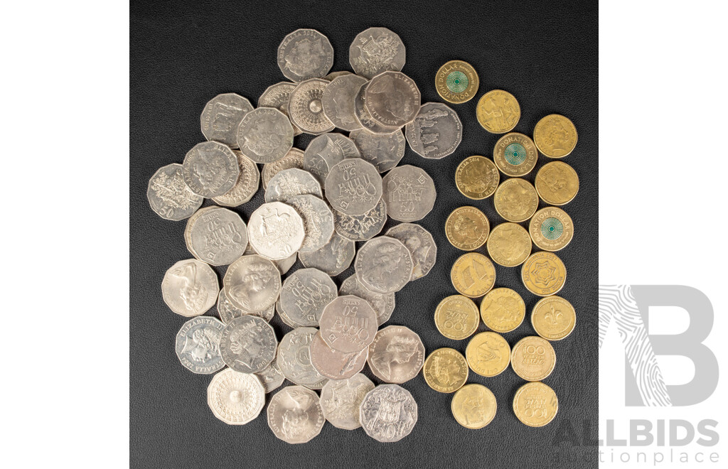 Collection of Australian Commemorative Coins Including One Dollars, 2014 ANZAC, 2011 CHOGM, 2002 Year of the Outback, 2021 Donation Dollar, Fifty Cents, 2004 Student Design, 2001 Federation, 1977 Jubilee, 2005 Remembrance...............