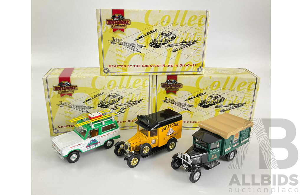 Three Matchbox Diecast Models of Yesteryear Including 1929 Morris Light Van, 1932 Ford AA Truck, 1966 Ford Bronco