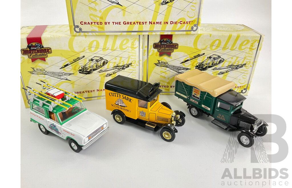Three Matchbox Diecast Models of Yesteryear Including 1929 Morris Light Van, 1932 Ford AA Truck, 1966 Ford Bronco
