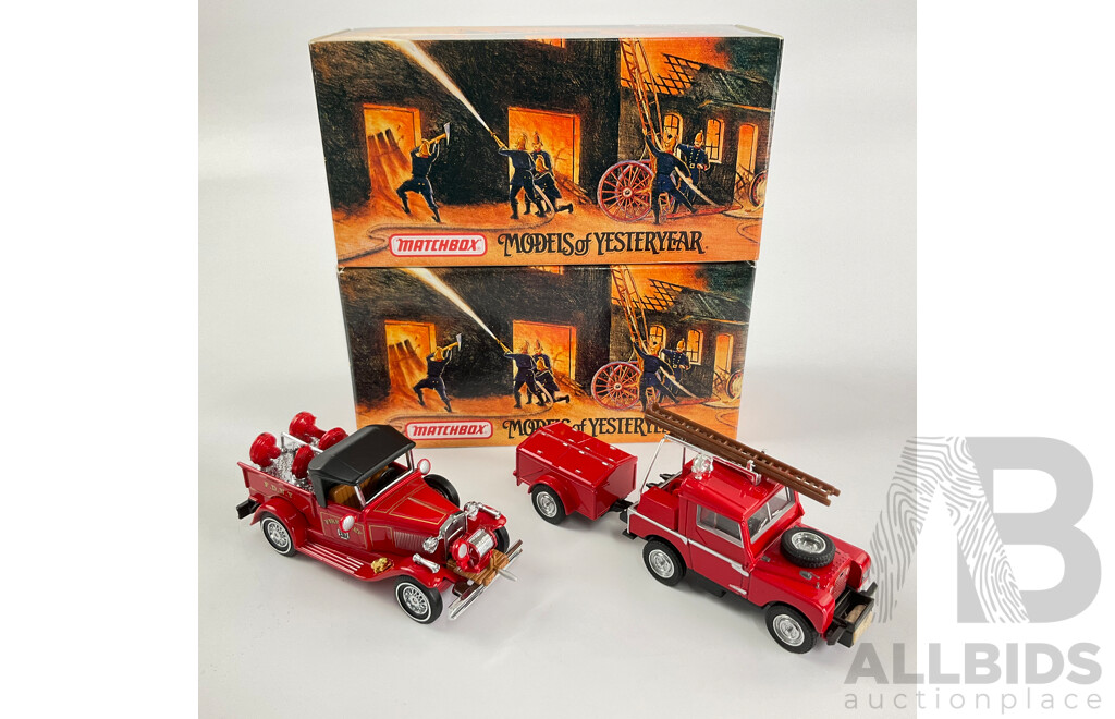 Two Matchbox Diecast Models of Yesteryear Fire Engines Series Including 1930 Ford Model A Battalion Chiefs Vehicle, 1948 Land Rover Auxiliary