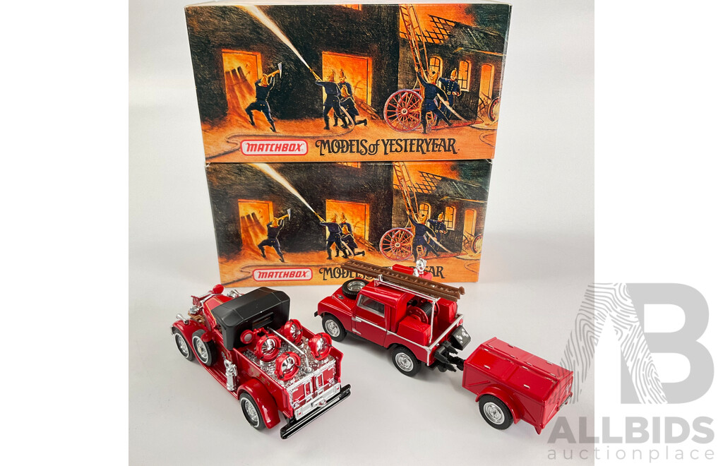 Two Matchbox Diecast Models of Yesteryear Fire Engines Series Including 1930 Ford Model A Battalion Chiefs Vehicle, 1948 Land Rover Auxiliary
