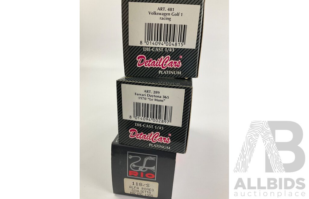 Detail Cars Diecast Ferrari Daytona 365 Le Mans, Volkswagen Golf Rally Mote Carlo and Rio 1955 Alfa Romeo Giulietta  - 1:43 Scale