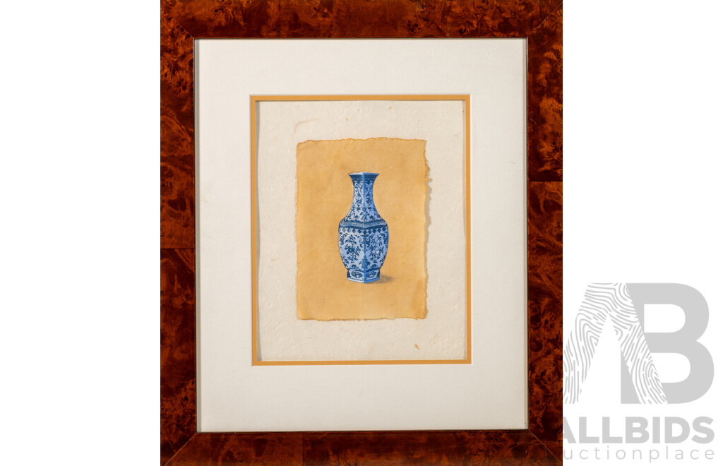 Artist Unknown (20th Century), Miniature Study of Blue & White Chinese Vase on Coffee Handmade Mulberry Paper, 47 x 41 cm (frame)