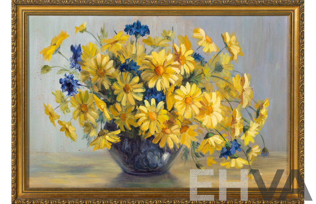 Doreen De Salas, (20th Century, British-Born Australian, 1919-?), a Touch of Blue, Lovely Original Vintage Oil on Masonite, 35 x 50 cm (frame)