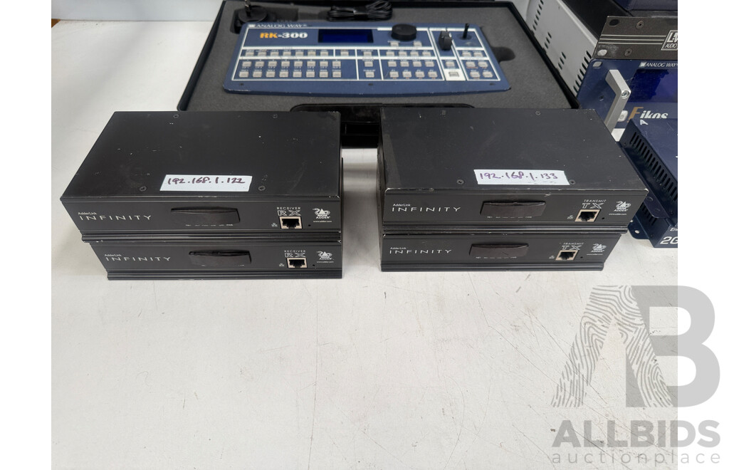 Audio Link Infinity Receiver/Transmitter + Gigabit Receiver/Transmitter + Analog Way RK-300 Remote Control Keypad for Switchers + LM60R Ampilifer + JAP Transmitter