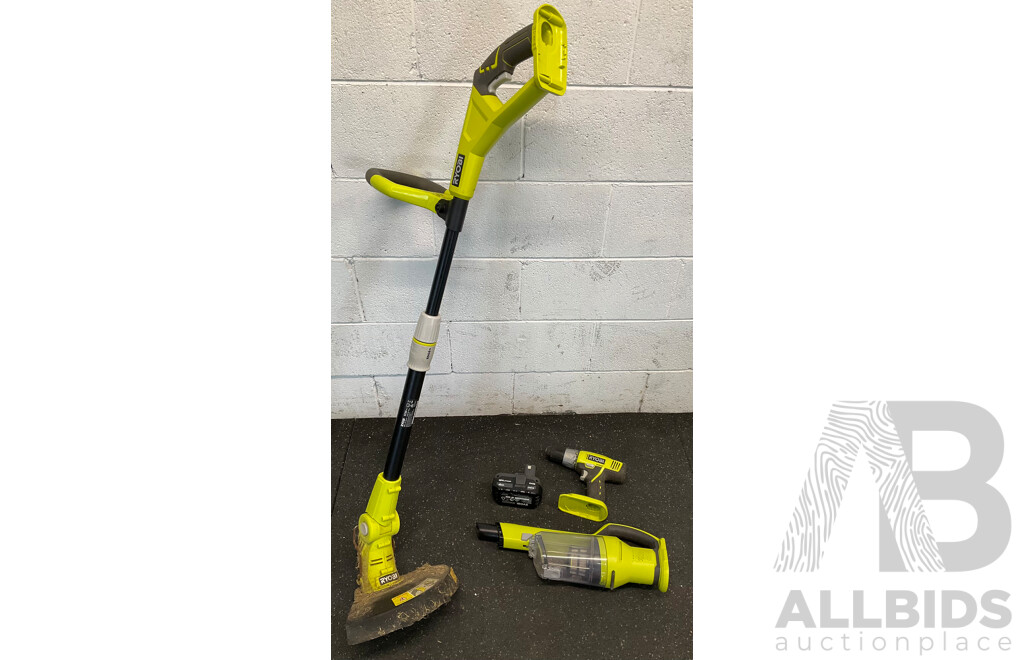 RYOBI ONE+ 18V Tools - Cordless Line Trimmer (OLT1830), Hand Vacuum (R18HVP), Drill Driver (R18DDP) and 4Ah Battery - Lot of 4