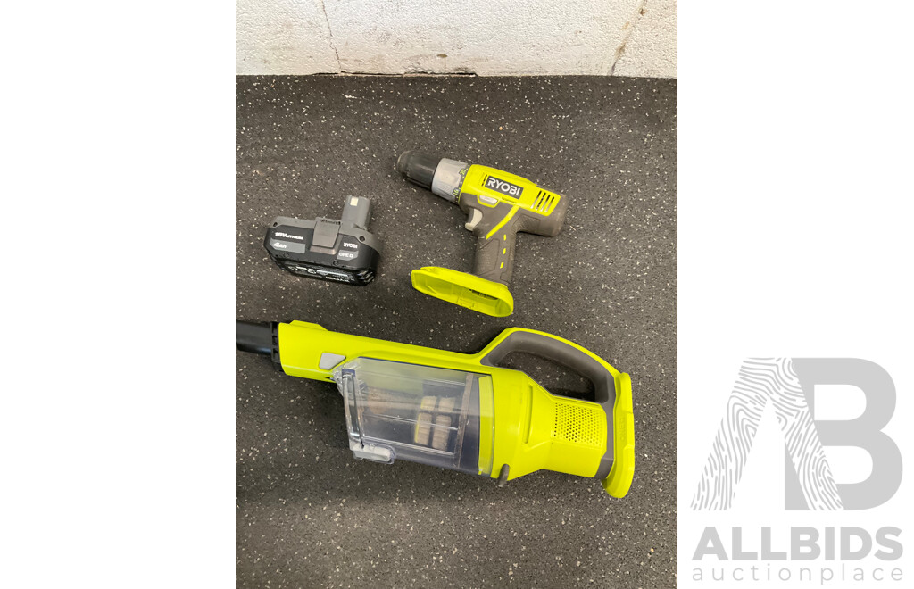 RYOBI ONE+ 18V Tools - Cordless Line Trimmer (OLT1830), Hand Vacuum (R18HVP), Drill Driver (R18DDP) and 4Ah Battery - Lot of 4
