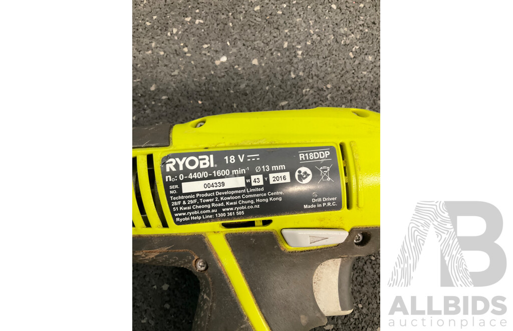 RYOBI ONE+ 18V Tools - Cordless Line Trimmer (OLT1830), Hand Vacuum (R18HVP), Drill Driver (R18DDP) and 4Ah Battery - Lot of 4