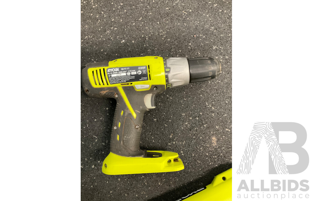 RYOBI ONE+ 18V Tools - Cordless Line Trimmer (OLT1830), Hand Vacuum (R18HVP), Drill Driver (R18DDP) and 4Ah Battery - Lot of 4