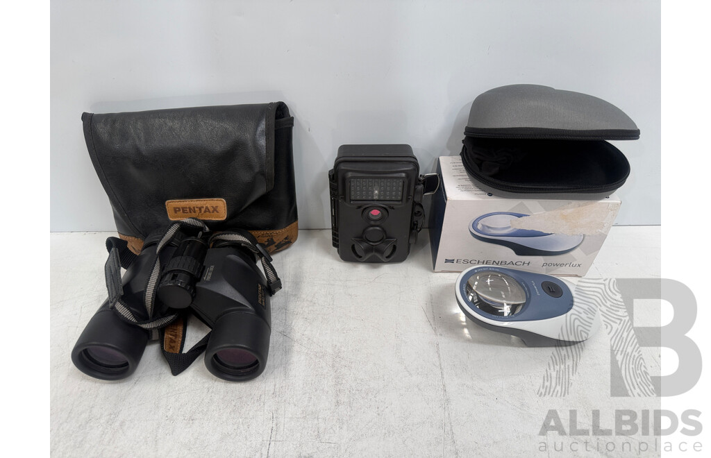 Pentax 8x40 PCF V Binoculars - Nextech 1080p Outdoor Trail Camera - Eschenbach Powerlux Magnifier