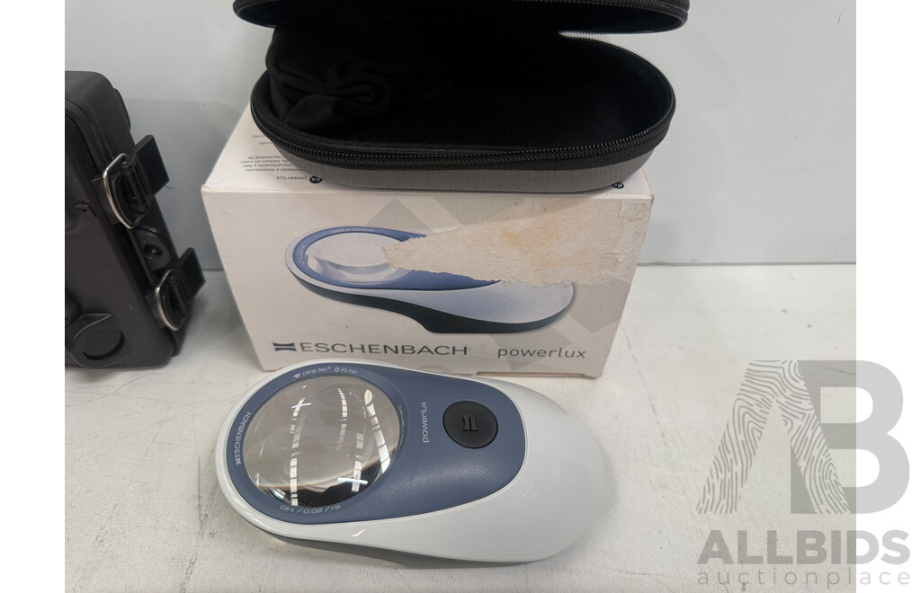 Pentax 8x40 PCF V Binoculars - Nextech 1080p Outdoor Trail Camera - Eschenbach Powerlux Magnifier