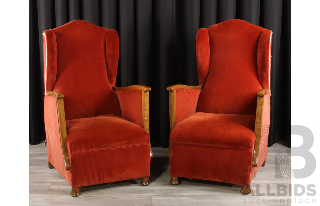 Pair of Art Deco Spring Loaded Wing Back Arm Chairs