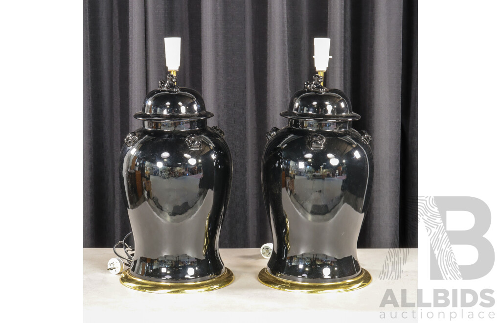 Pair of Large Black Glazed Ceramic Table Lamps