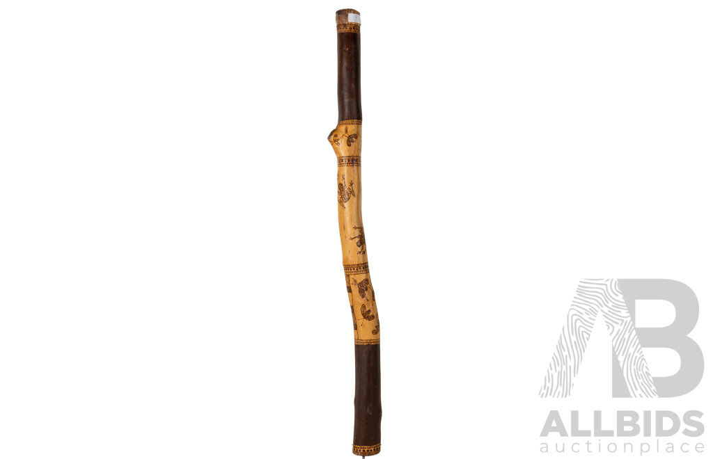 Artist Unknown, (20th Century), Frogs and Bugs, Eucalyptus Gum with Pyrogravure Decoration, Didgeridoo 110 cm (length)