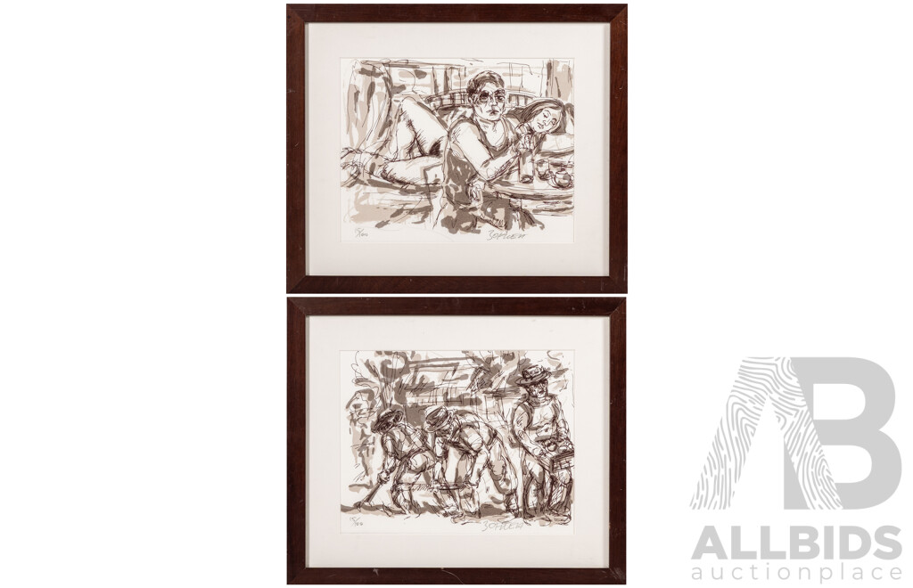 Salvatore Zoffrea, (20th C., Italian-Born Australian, 1946-), Couple Relaxing & Working the Fields, Wonderful Pair Signed & Editioned Diverse Original Ink & Wash Drawings, 38 x 44 cm (frame) (2)