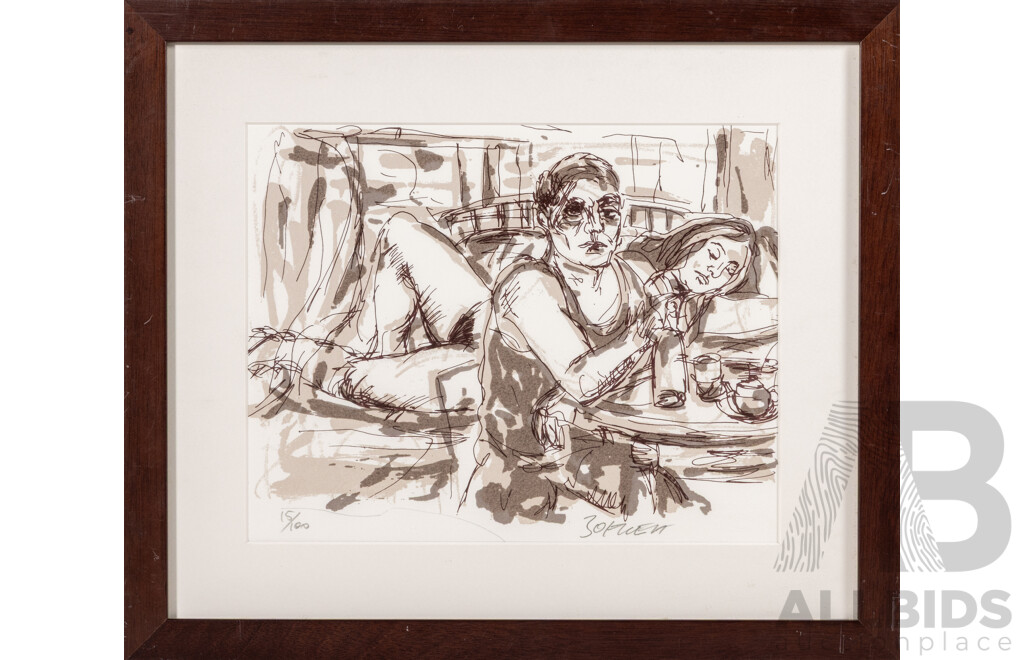 Salvatore Zoffrea, (20th C., Italian-Born Australian, 1946-), Couple Relaxing & Working the Fields, Wonderful Pair Signed & Editioned Diverse Original Ink & Wash Drawings, 38 x 44 cm (frame) (2)