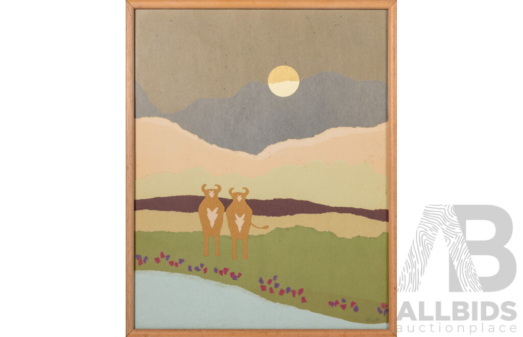Signed Indistinctly, (20th Century), Cows by Moonlight, Wonderful Original Mixed Media Paper Collage, 53 x 43 cm (frame)