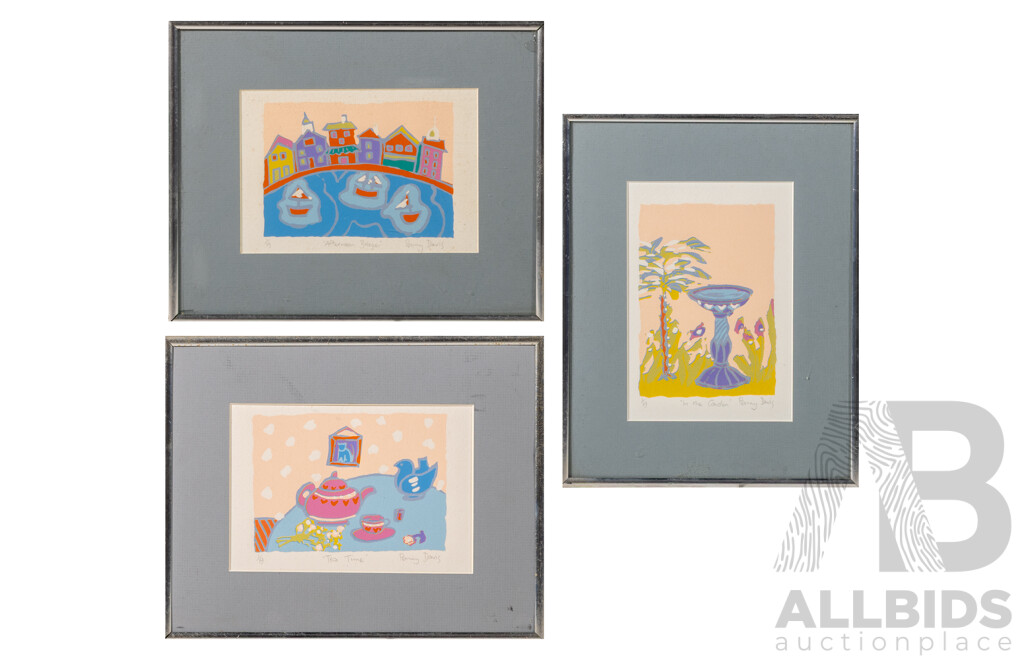Penny Davis, (20th Century, Australian, 1953-), in The Garden, Tea Time & Afternoon Breeze, Lovely Trio of Signed & Editioned Original Screenprints, 21 x 26 cm & 26 x 21 cm (frames) (3)