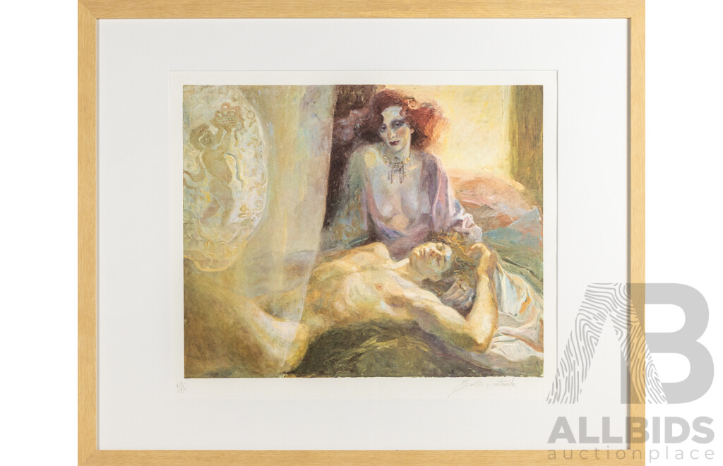 Emilia Castaneda Martinez (20th Century, Spanish, 1943-), Untitled - Waking Up, Original Signed & Editioned Lithograph, 54W x 44H cm (frame)