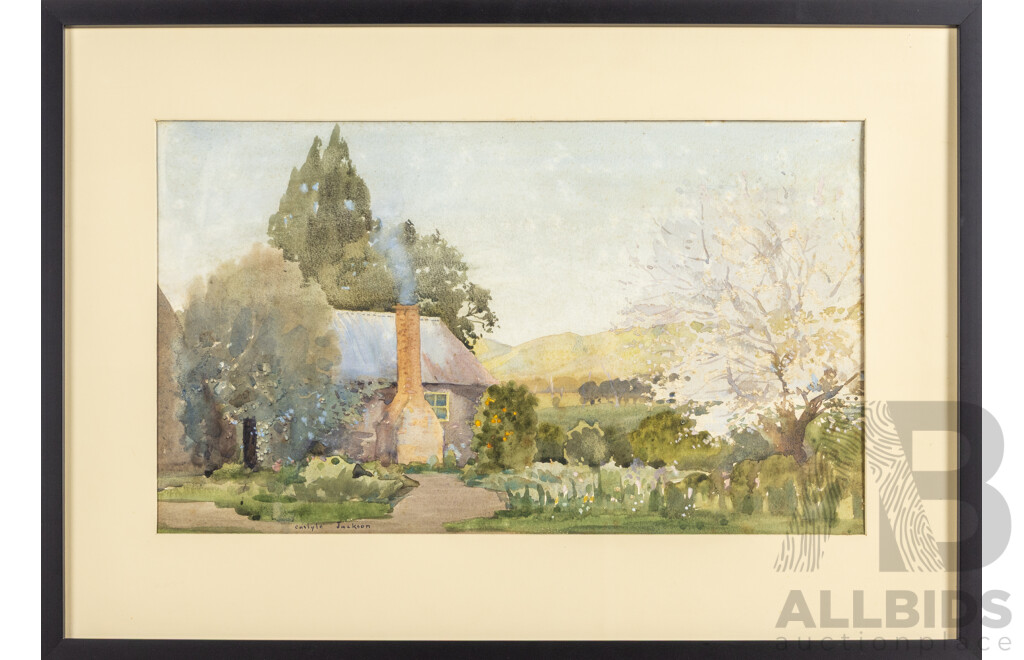 Carlyle Jackson, (19/20th Centuries, Australian, 1891-1940), Country Home with Cottage Garden, Lovely Original Antique Watercolour, 69W 6x 49H cm (frame)