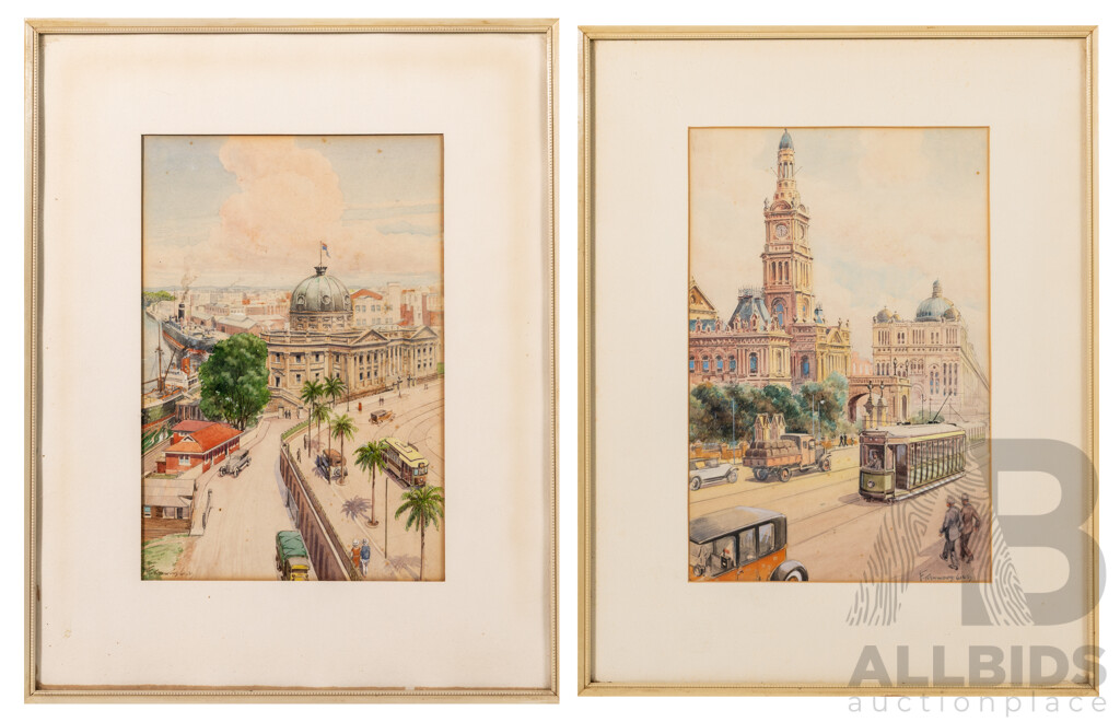F.Kenwood Giles, (20th C., British, 1899-1972), Circular Quay, Sydney (1928) & Sydney Town Hall, Beautiful Pair of Antique Original Watercolours, 44 x 35 cm (largest frame) (2)