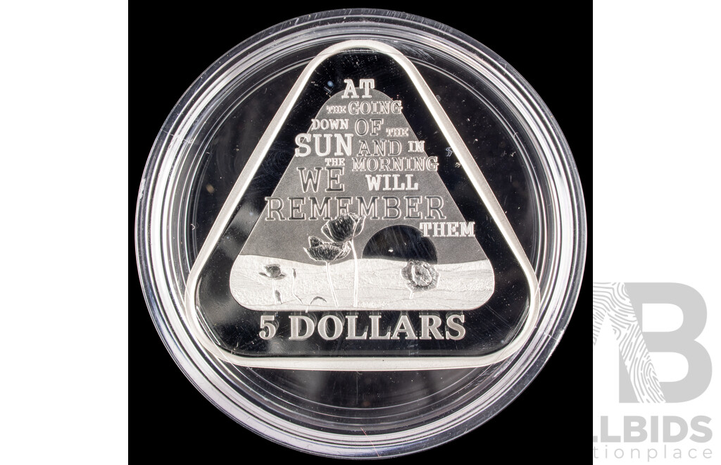 Australian RAM 2014 Silver Five Dollar Proof Triangular Coin, Lest We Forget .999