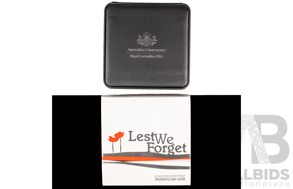 Australian RAM 2014 Silver Five Dollar Proof Triangular Coin, Lest We Forget .999