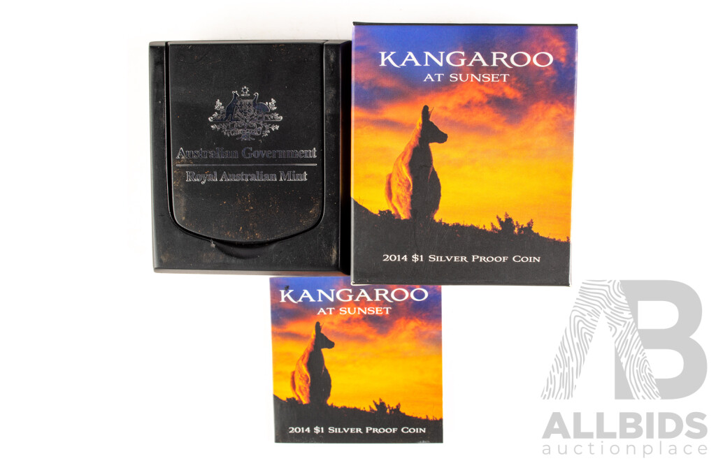 Australian RAM 2014 Silver Proof One Dollar Coin, Kangaroo at Sunet .999