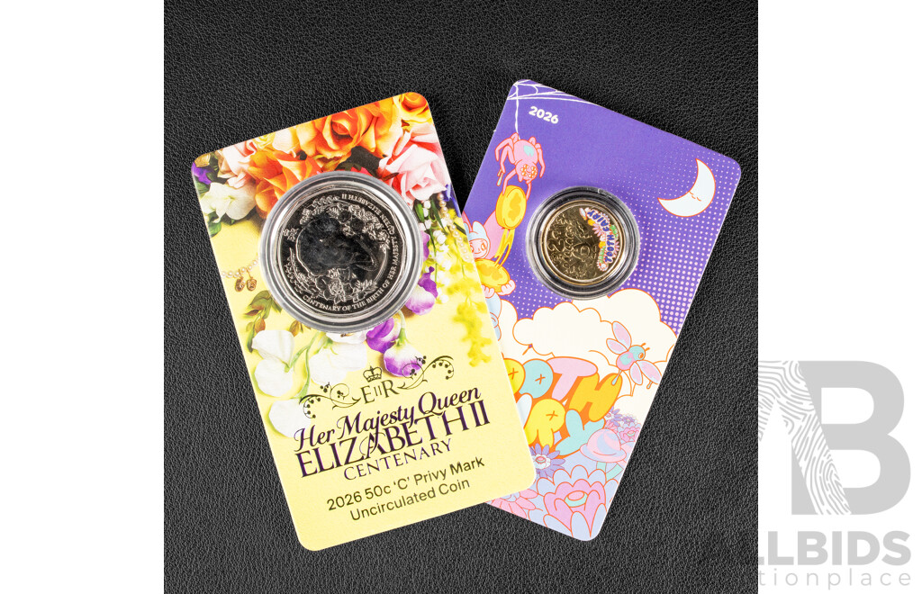 Australian RAM 2026 Coloured Two Dollar Coin, Tooth Fairy and 2026 Fifty Cent, C Privy Mark, Her Majesty Queen Elizabeth II Centenary