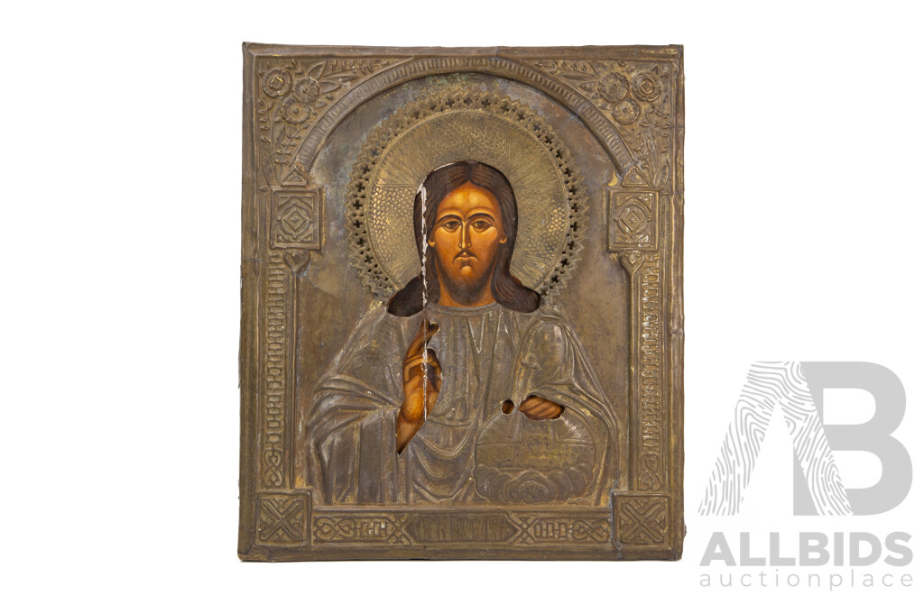 Eastern Orthodox Christ Pantocrator (Christ the Almighty), Antique (^c1880) Hand Painted on Plaster with Wooden Panel and Pressed Metal Riza, 36H x 31W cm