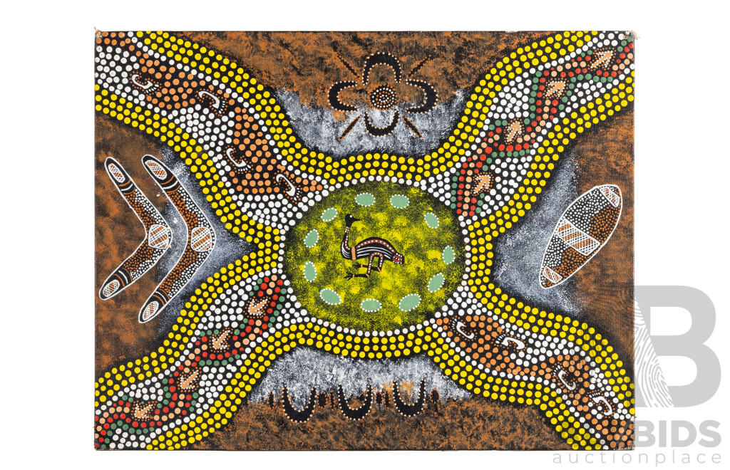 Signed Indistinctly, (20th Century, Indigenous-Australian), Emu Spirit Dreaming, Original Acrylic on Canvas Board, 35H x 45 W cm