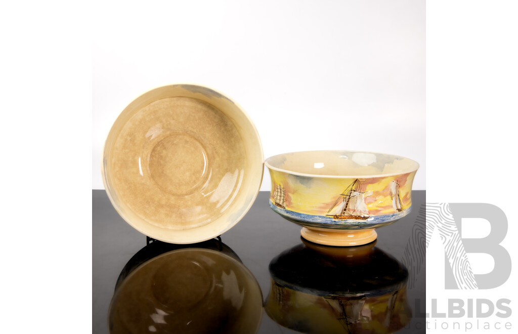 Pair Antique Royal Doulton Porcelain Large Footed Bowls in the Famous Ships Series, the Active