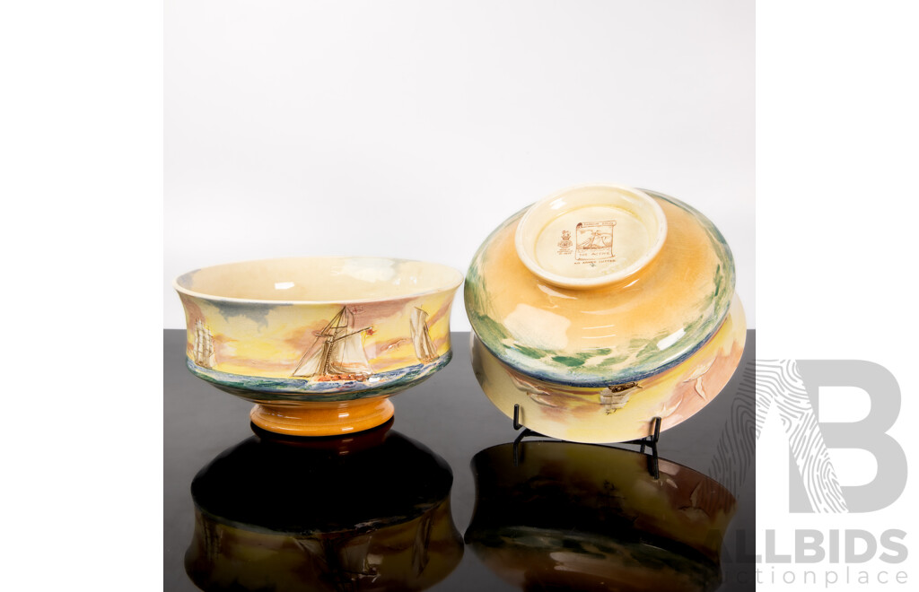 Pair Antique Royal Doulton Porcelain Large Footed Bowls in the Famous Ships Series, the Active