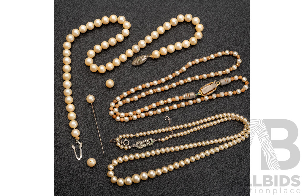 Vintage Glass Pearls with 835 Clasp, Circa 1940's Mid Century European, 42cm with (2) Other Vintage Faux Pearl Strands