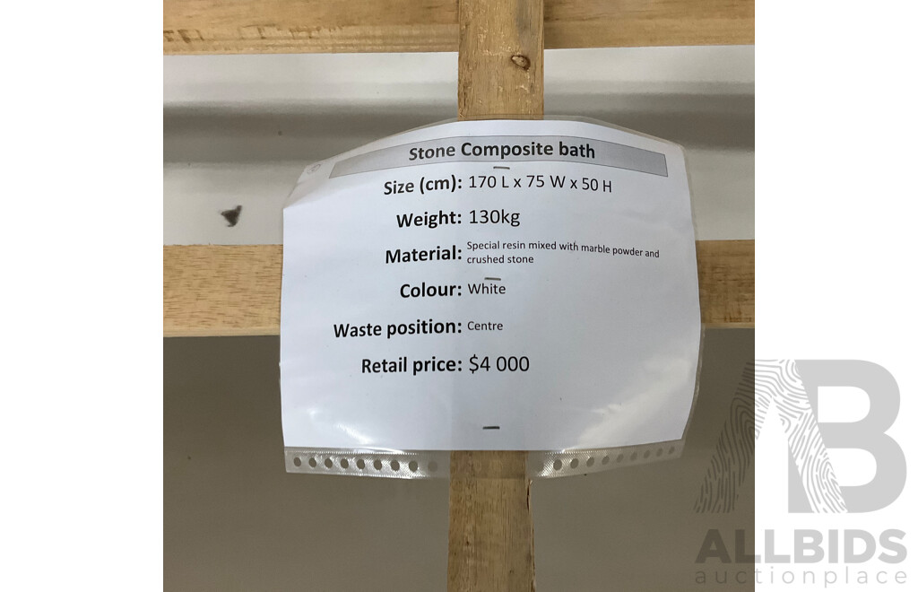 Stone Composite Bath - White (170L X 75W X 50H ) - ORP $4,000.00