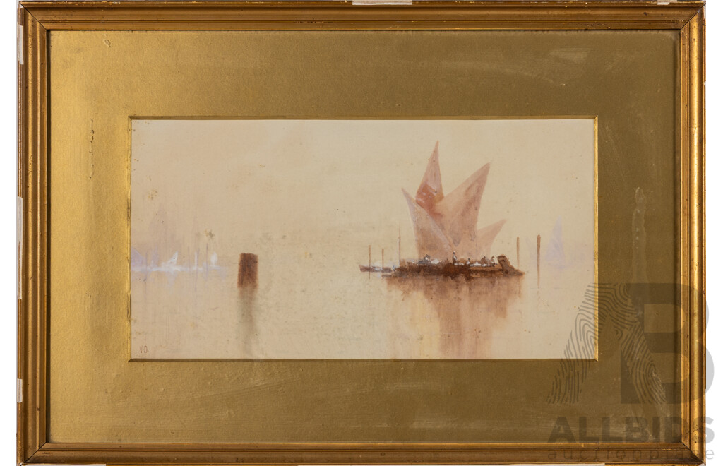 V.D. (20th Century), Lone Boat on Water, Wonderful Antique Original Watercolour, 33 x 48 cm (frame)