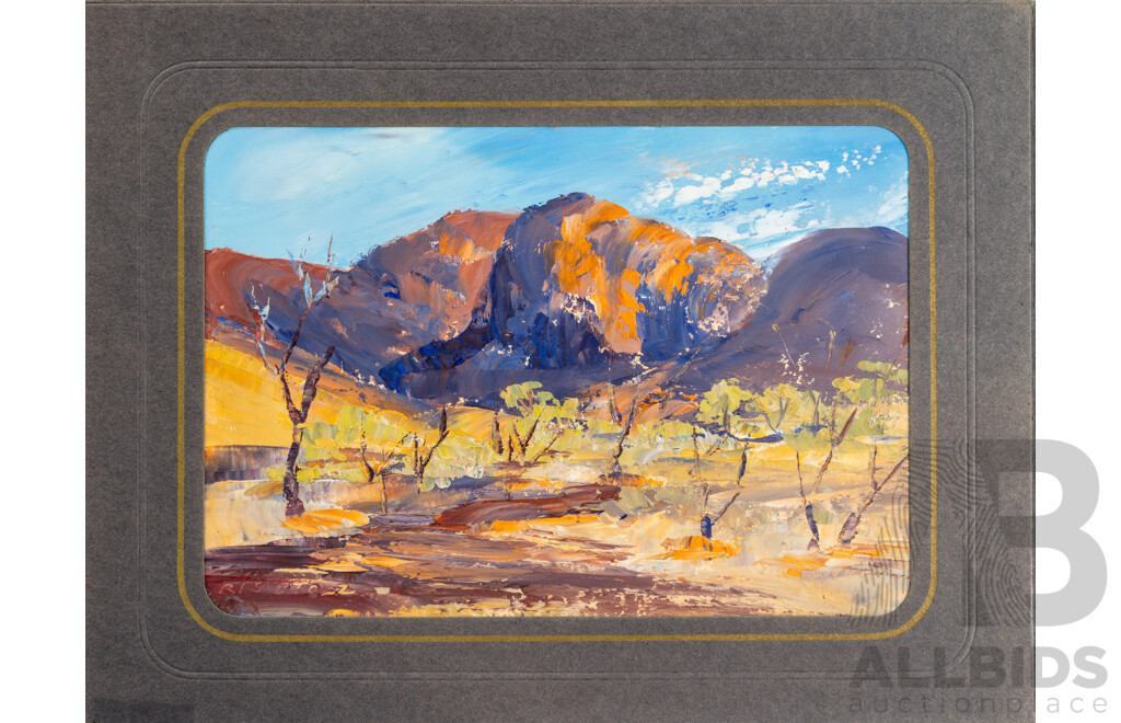 Cris Stolz (20th Century, Indigenous-Australian, Active 1970s), Lovely Collection of EIght Vintahe MIniature Landscapes, Oil on Card, 17 x 22 cm (with mat boards) (8)