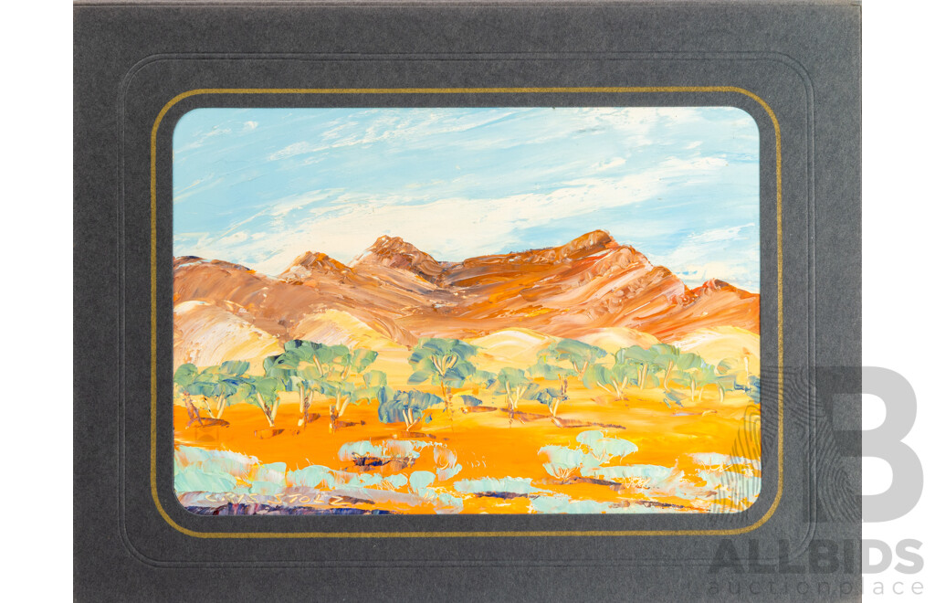 Cris Stolz (20th Century, Indigenous-Australian, Active 1970s), Lovely Collection of EIght Vintahe MIniature Landscapes, Oil on Card, 17 x 22 cm (with mat boards) (8)