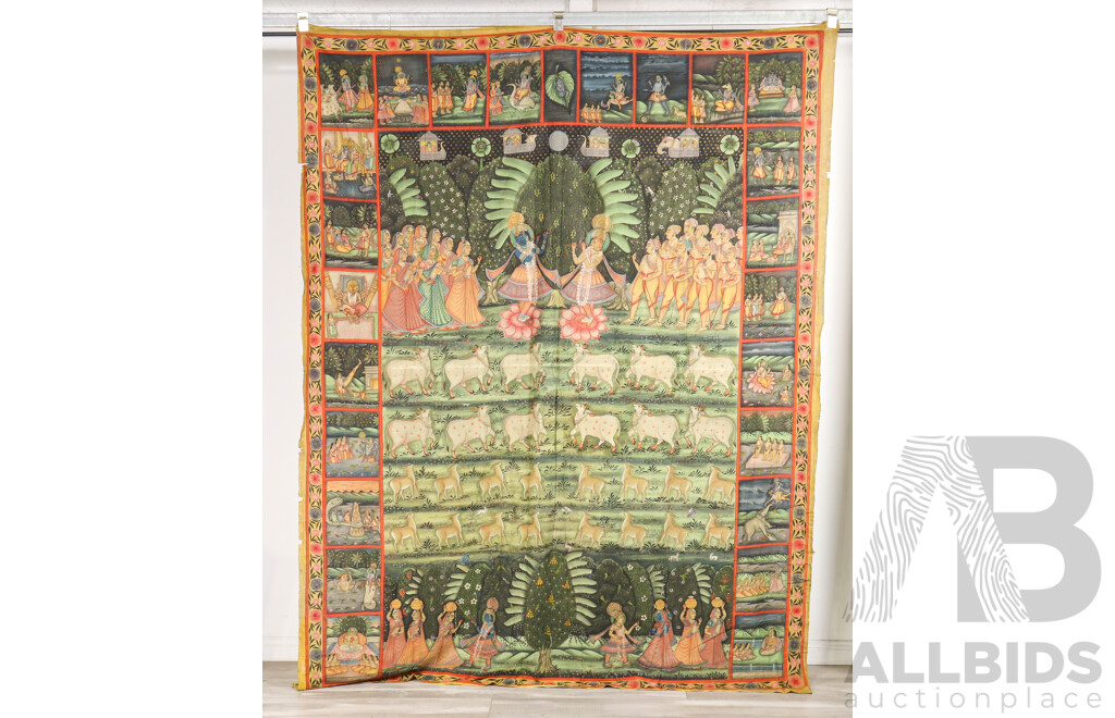 Hand Painted Indian Wall Hanging Pichwai, Krishna Gods – Hindu Mythology, Hand Painted with Crushed Stone Colours & Natural Pigments on Cotton Panel, 250 x 195 cm