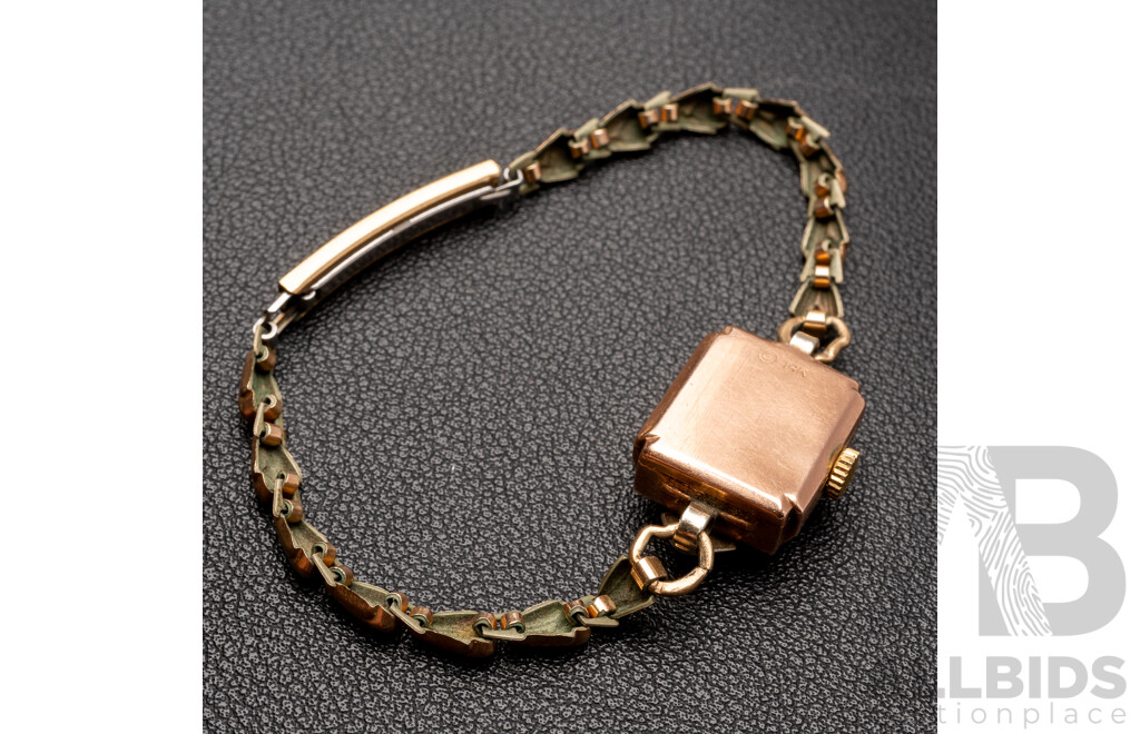 14ct Antique Arctic Diamond Set Art Deco Watch, with Rolled Gold Band, Working