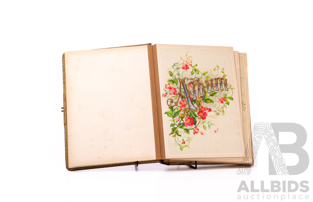 Wonderful Antique Victorian Photograph Album with 38 Pages Photos Including Australian Studio Examples, Hard Cover with Tooled Embossed Cover