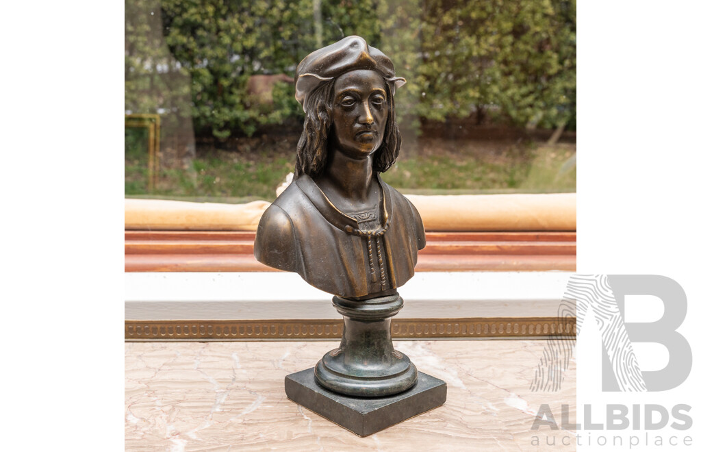 Antique 19th Century Bronze Bust of Italian Nobleman on Green Marble 