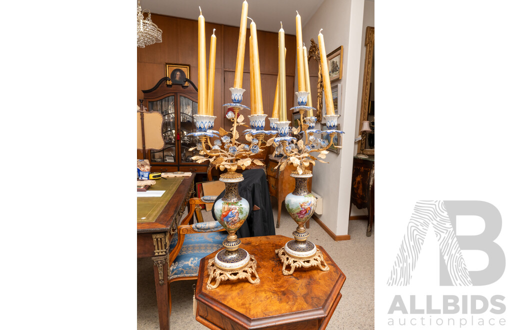 Pair Italian Rococo Esque Five Branch Candelabras with Hand Painted Porcelain Bases and Gilded Metal Feet and Branches