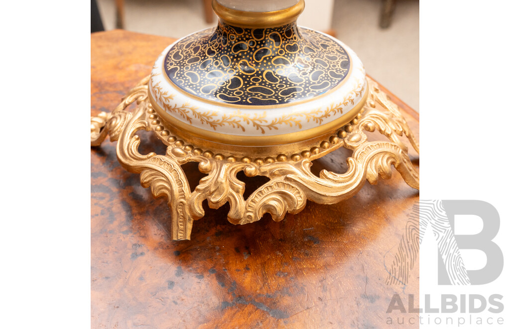 Pair Italian Rococo Esque Five Branch Candelabras with Hand Painted Porcelain Bases and Gilded Metal Feet and Branches